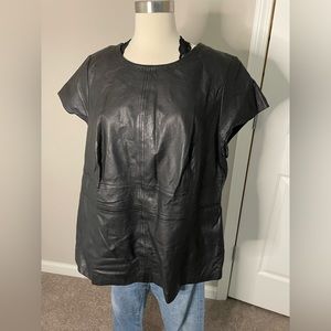 Plus size 100% black leather back zip cap sleeve top